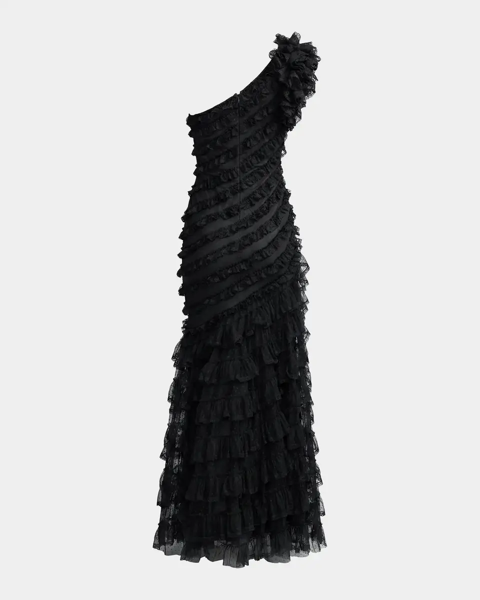 Mac Duggal One-Shoulder Mesh-Lace Trumpet Gown | Thumbnail 5 Mac Duggal One-Shoulder Mesh-Lace Trumpet Gown | Thumbnail 5