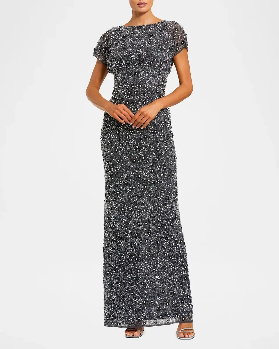 Mac Duggal Beaded Sheer-Sleeve Column Gown | Thumbnail 2 Mac Duggal Beaded Sheer-Sleeve Column Gown | Thumbnail 2