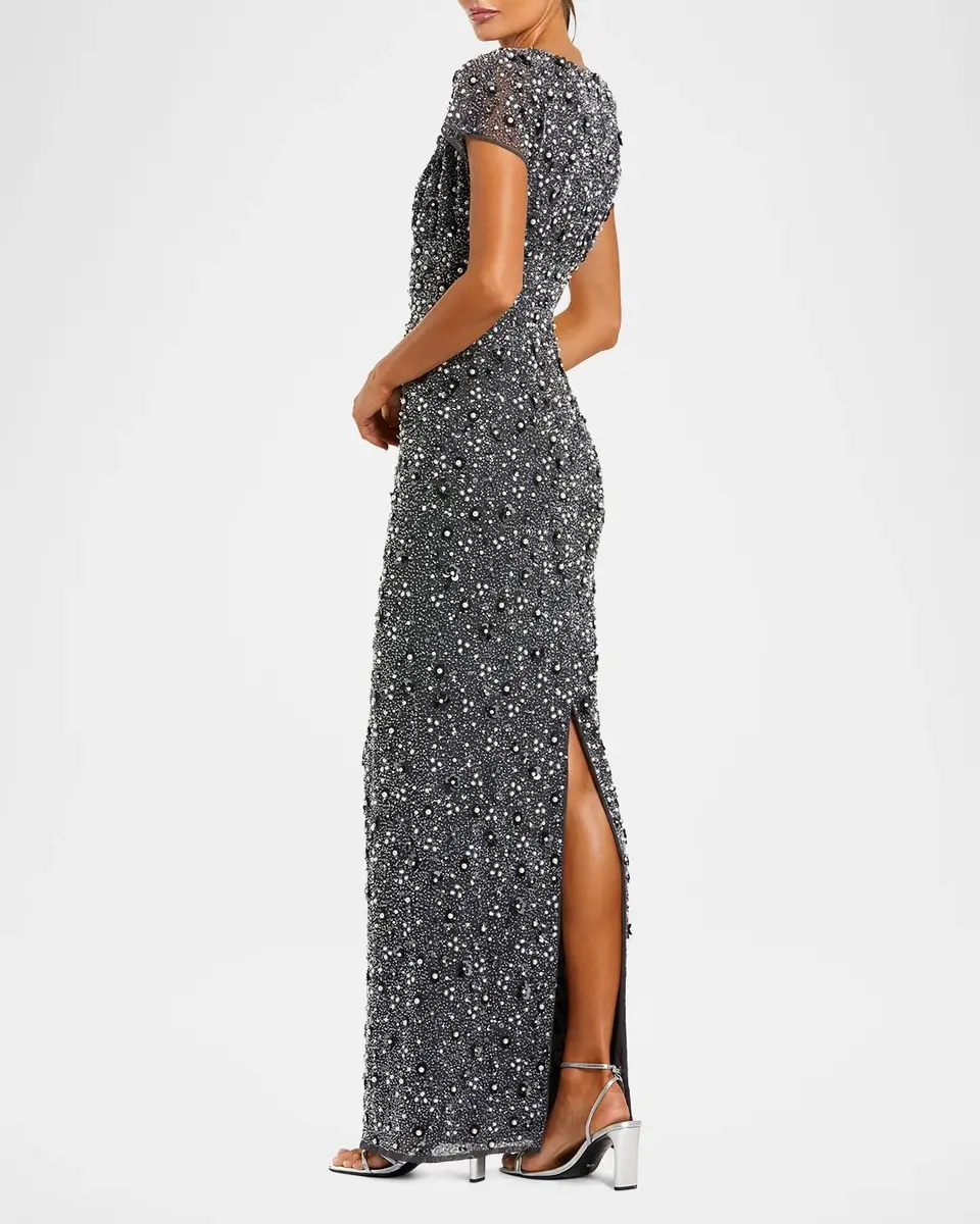 Mac Duggal Beaded Sheer-Sleeve Column Gown | Thumbnail 3 Mac Duggal Beaded Sheer-Sleeve Column Gown | Thumbnail 3