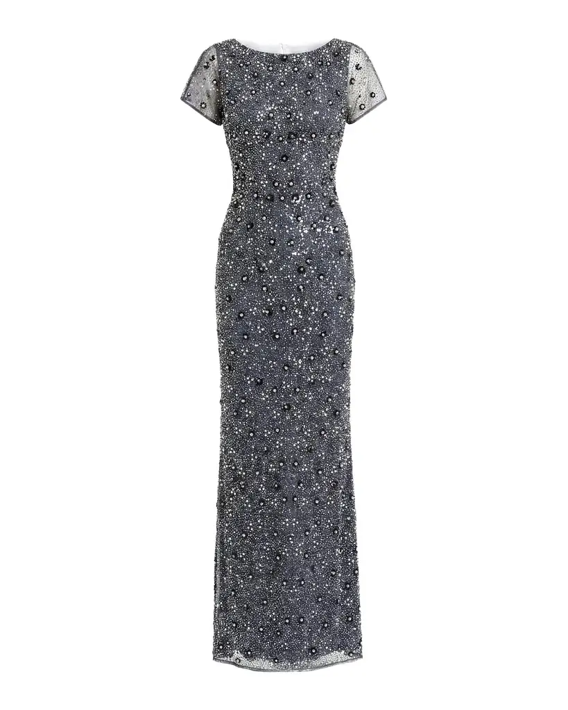 Beaded Sheer-Sleeve Column Gown Beaded Sheer-Sleeve Column Gown
