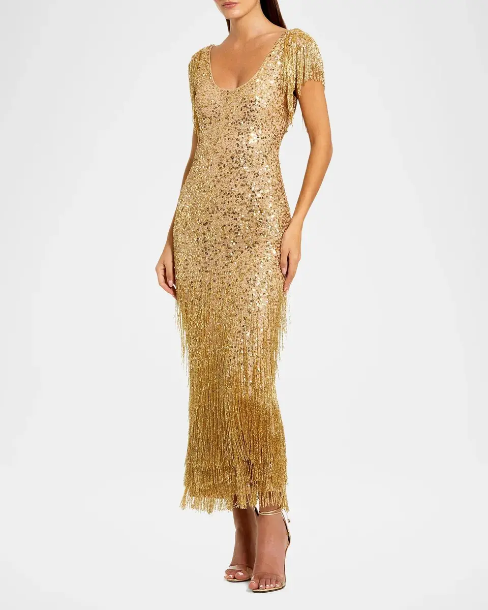 Mac Duggal Sequin-Embellished Fringed Mesh Dress | Thumbnail 2