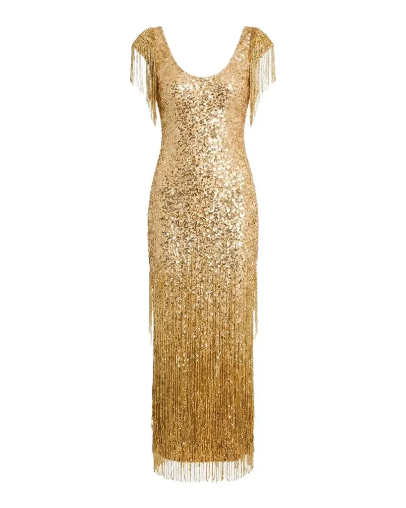 Mac Duggal Sequin-Embellished Fringed Mesh Dress