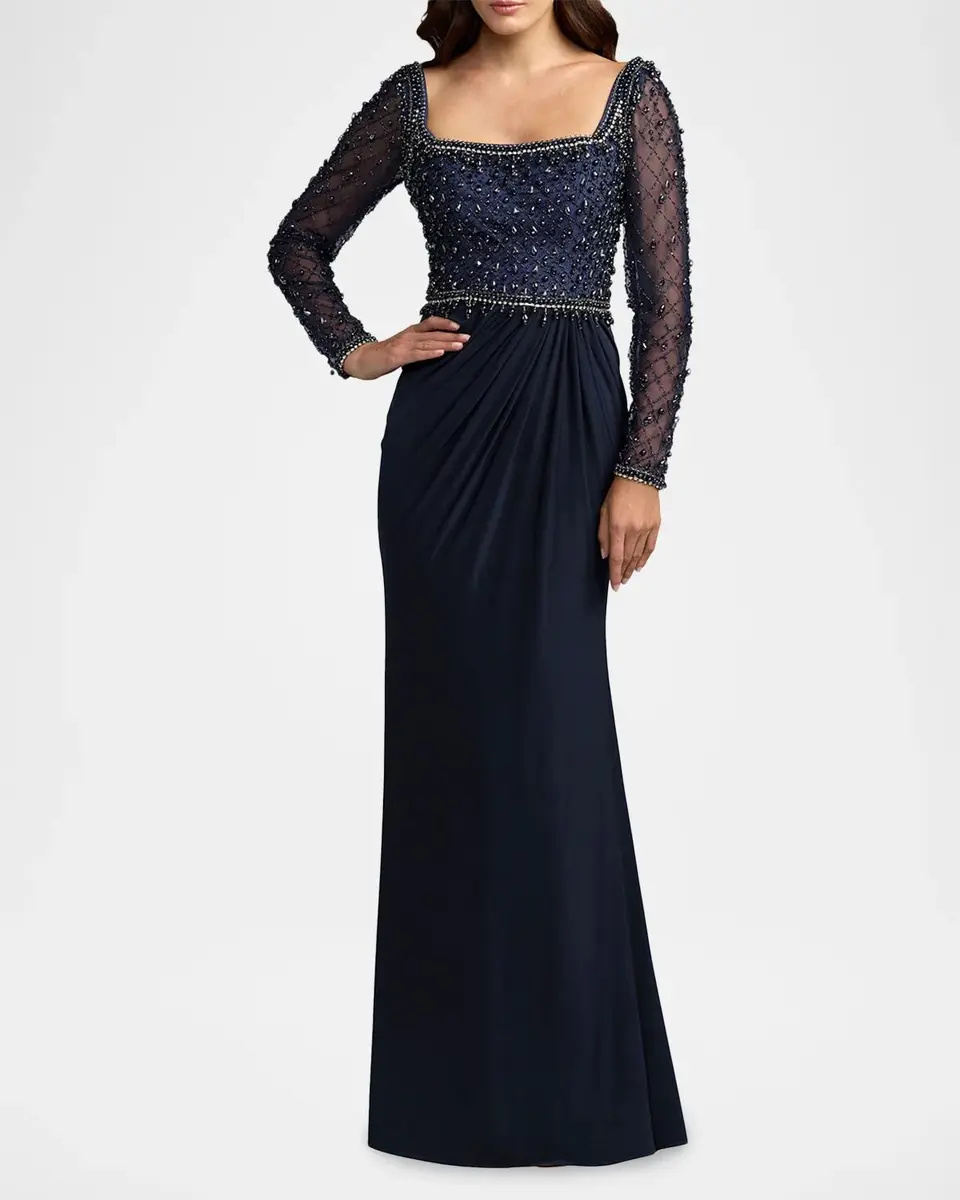 Mac Duggal Beaded Square-Neck Jersey Column Gown | Thumbnail 2 Mac Duggal Beaded Square-Neck Jersey Column Gown | Thumbnail 2