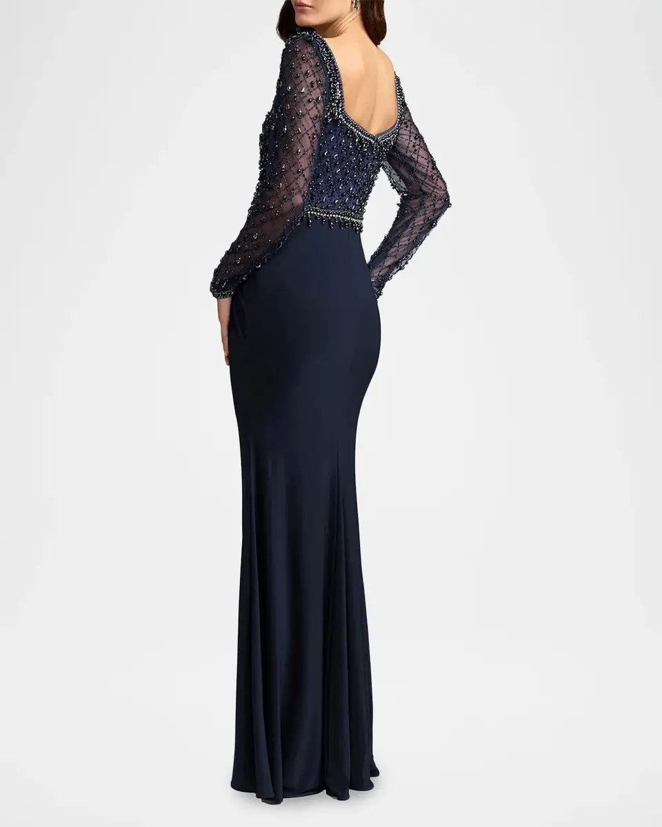 Mac Duggal Beaded Square-Neck Jersey Column Gown | Thumbnail 3 Mac Duggal Beaded Square-Neck Jersey Column Gown | Thumbnail 3