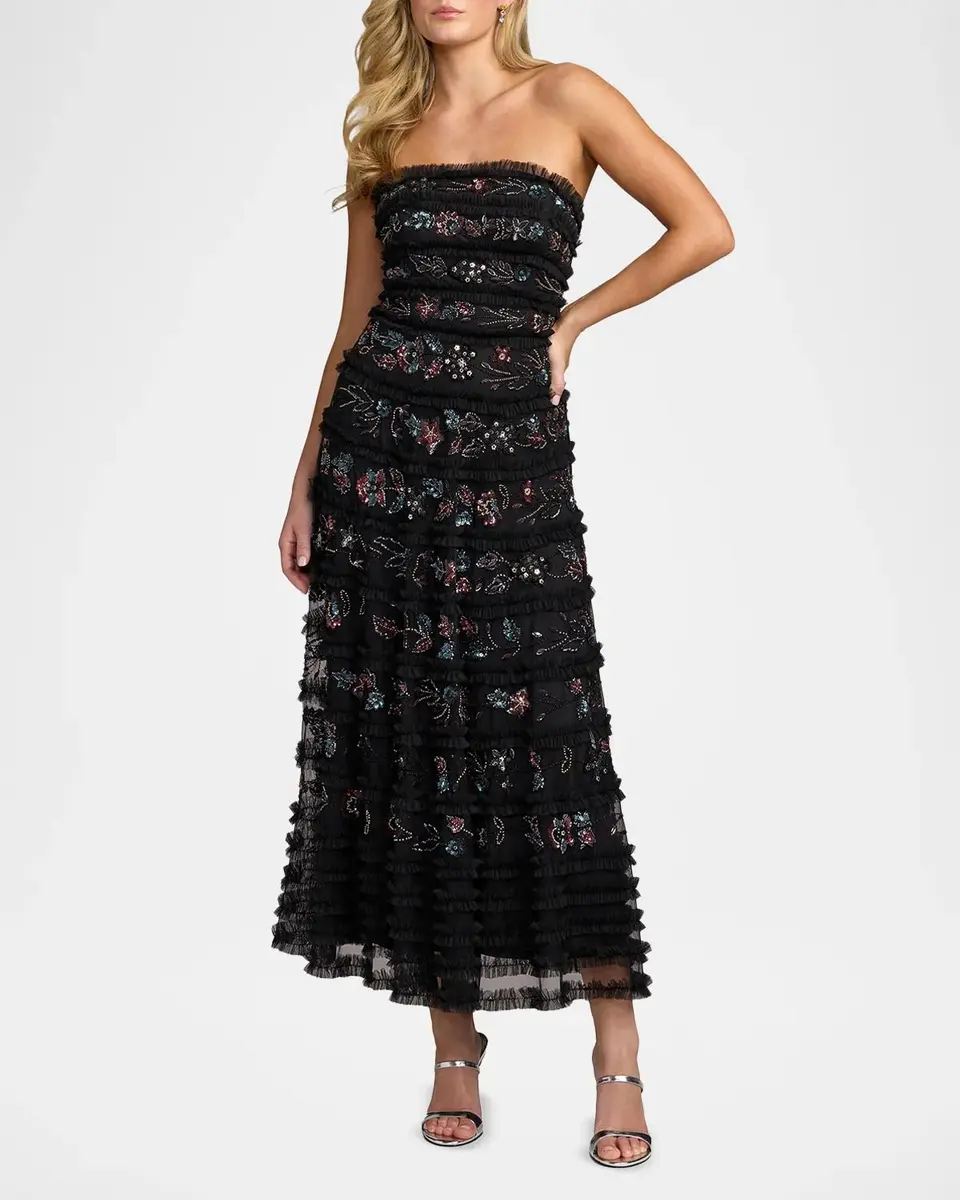 Mac Duggal Floral Ruffled Mesh Strapless Midi Dress | Thumbnail 2