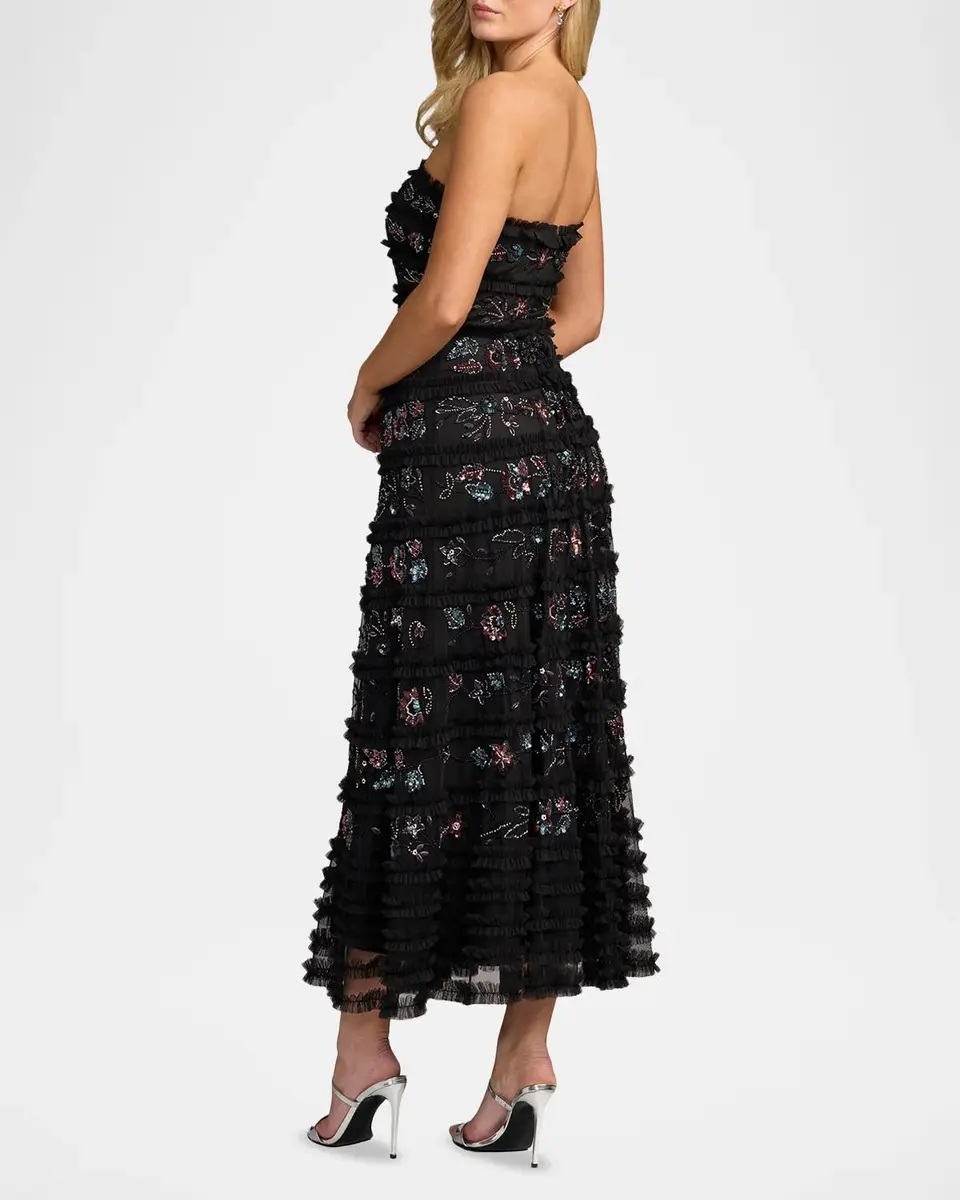 Mac Duggal Floral Ruffled Mesh Strapless Midi Dress | Thumbnail 3