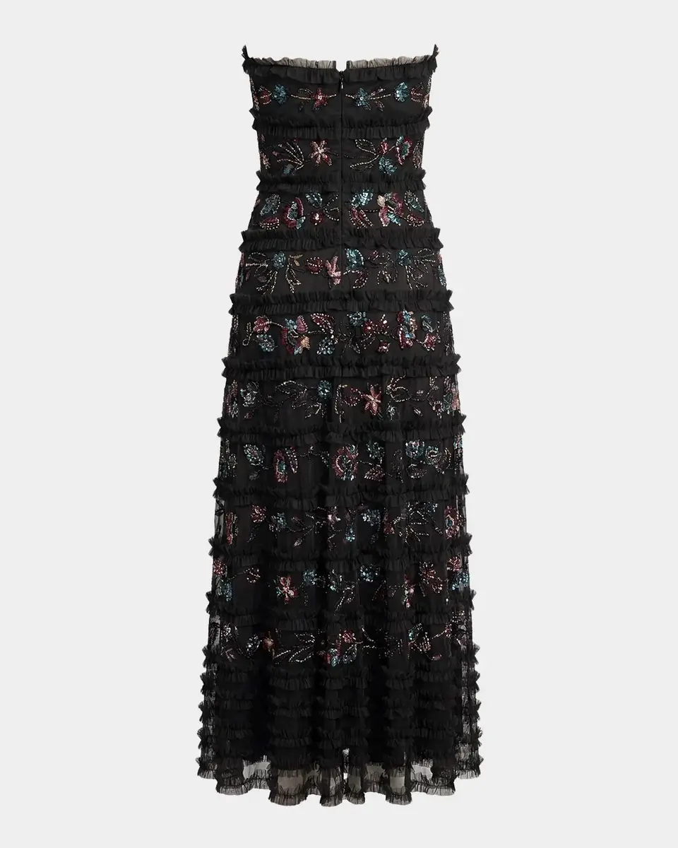 Mac Duggal Floral Ruffled Mesh Strapless Midi Dress | Thumbnail 5