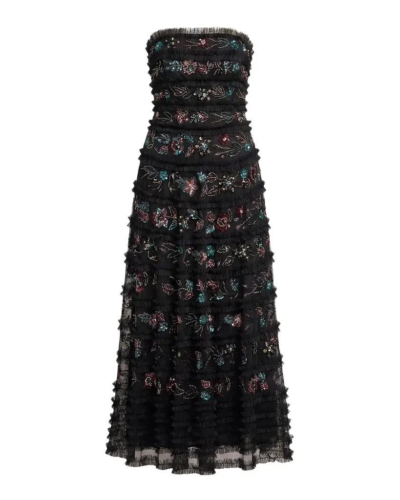 Mac Duggal Floral Ruffled Mesh Strapless Midi Dress