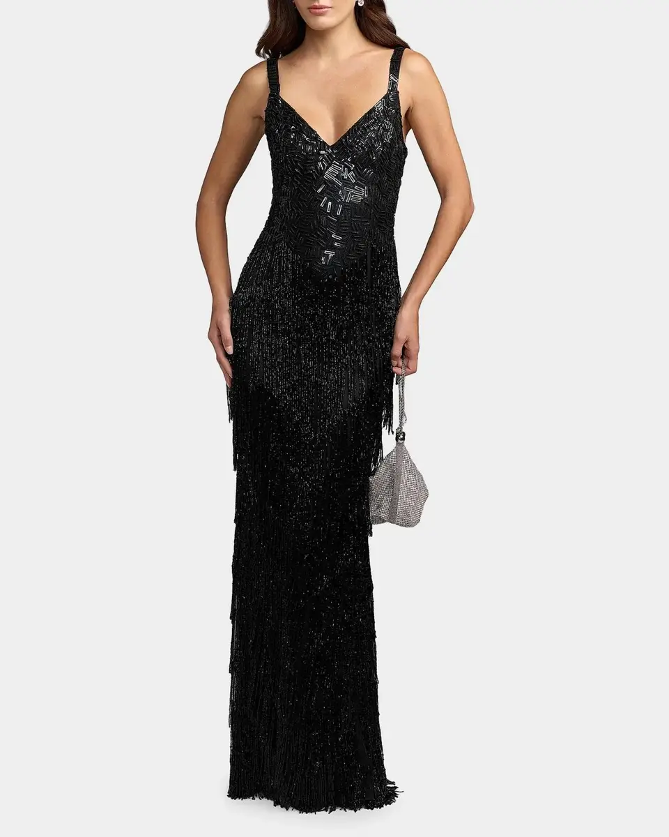 Mac Duggal Beaded Fringe Column Gown | Thumbnail 2 Mac Duggal Beaded Fringe Column Gown | Thumbnail 2