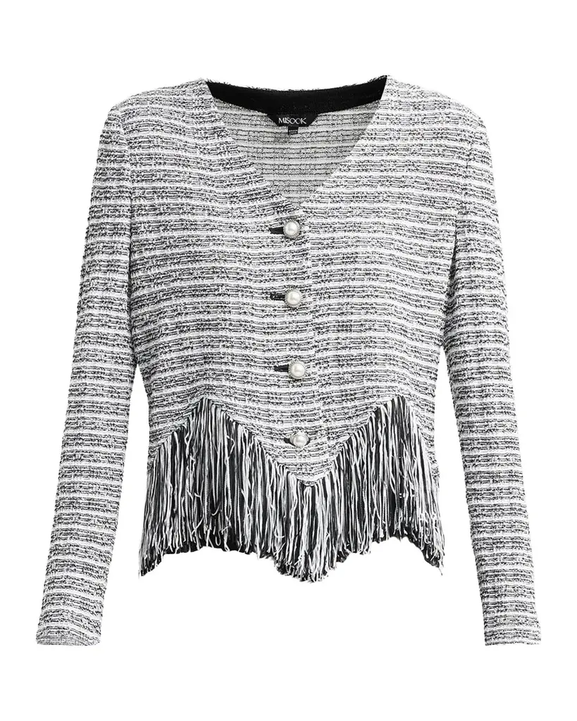 Misook Chevron Tweed Fringe-Trim Jacket
