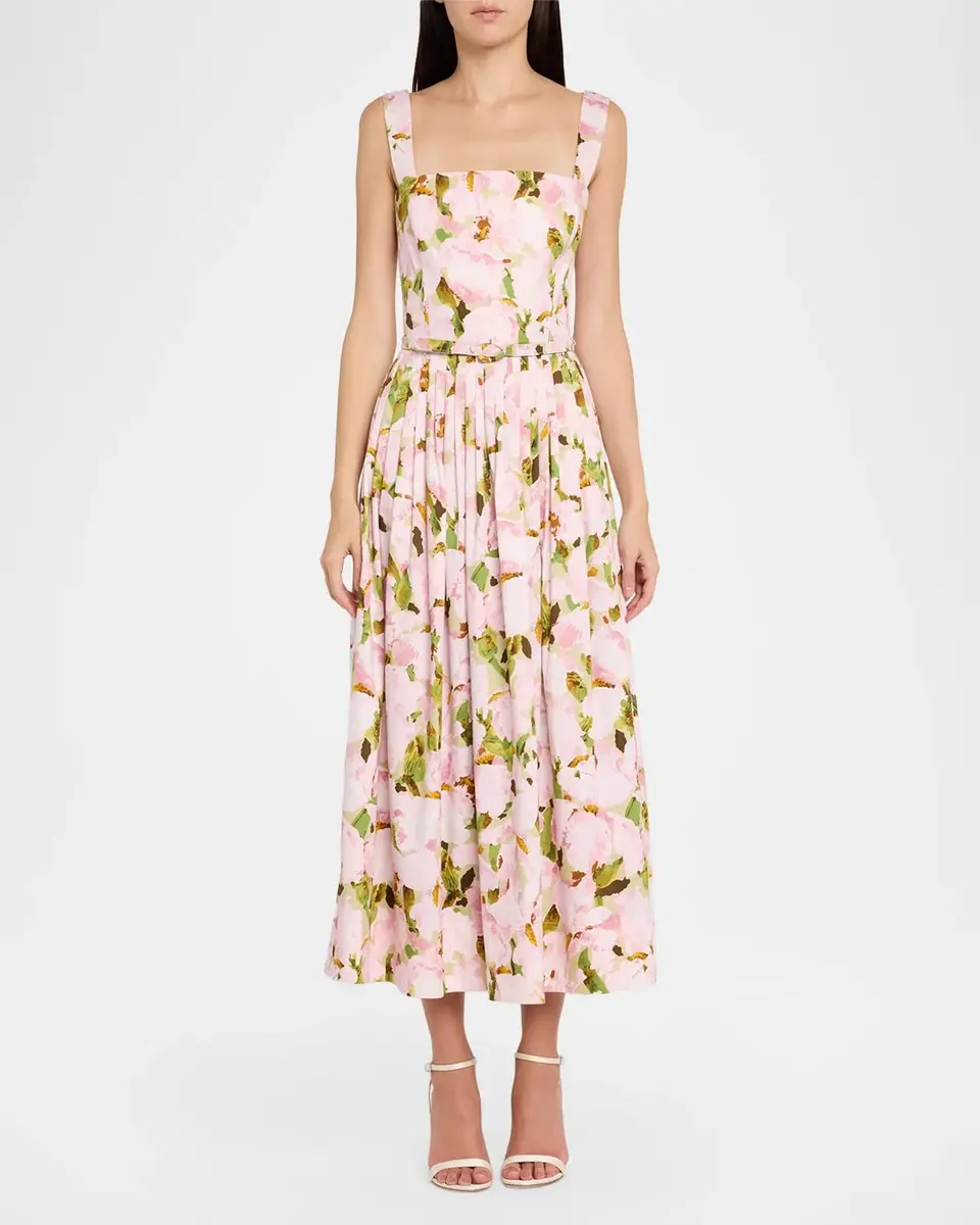 Oscar de la Renta Belted Sleeveless Watercolor Iris Poplin Dress | Thumbnail 2 Oscar de la Renta Belted Sleeveless Watercolor Iris Poplin Dress | Thumbnail 2