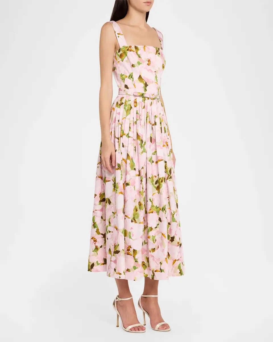 Oscar de la Renta Belted Sleeveless Watercolor Iris Poplin Dress | Thumbnail 4 Oscar de la Renta Belted Sleeveless Watercolor Iris Poplin Dress | Thumbnail 4