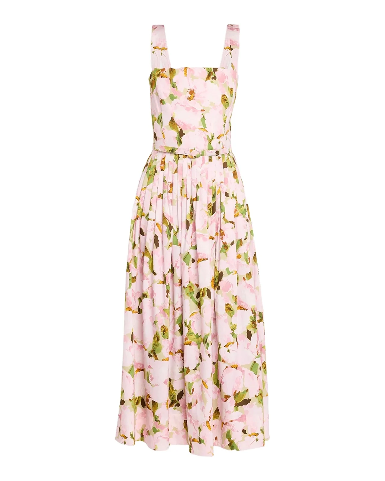 Oscar de la Renta Belted Sleeveless Watercolor Iris Poplin Dress