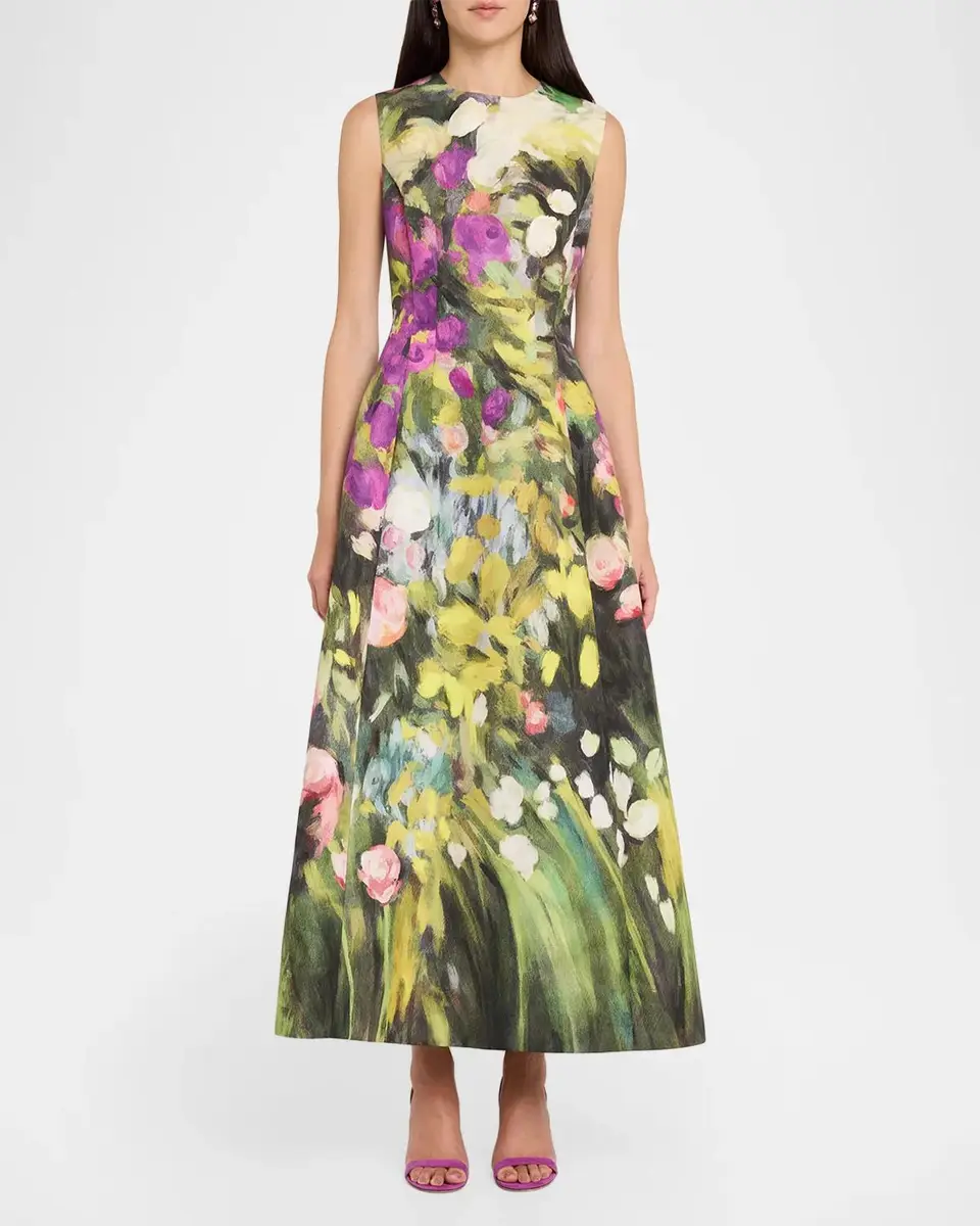 Oscar de la Renta Sleeveless Abstract Garden Faille Midi Cocktail Dress | Thumbnail 2