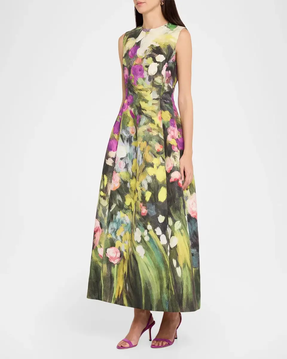 Oscar de la Renta Sleeveless Abstract Garden Faille Midi Cocktail Dress | Thumbnail 4
