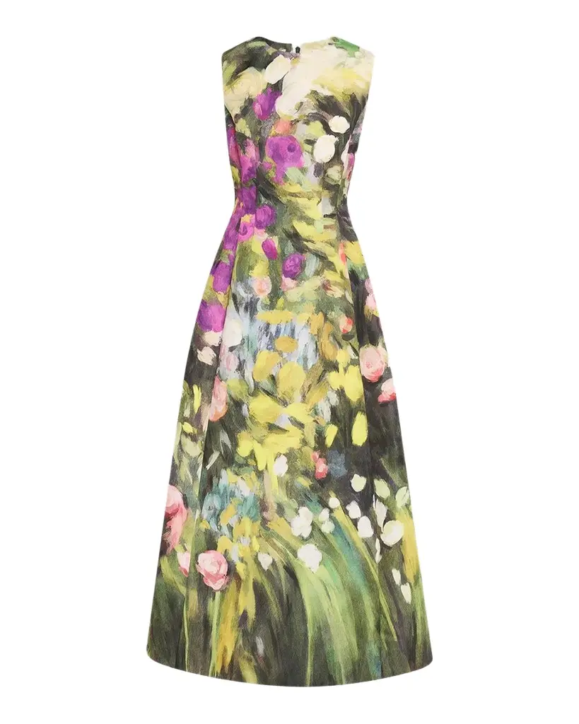 Sleeveless Abstract Garden Faille Midi Cocktail Dress Sleeveless Abstract Garden Faille Midi Cocktail Dress