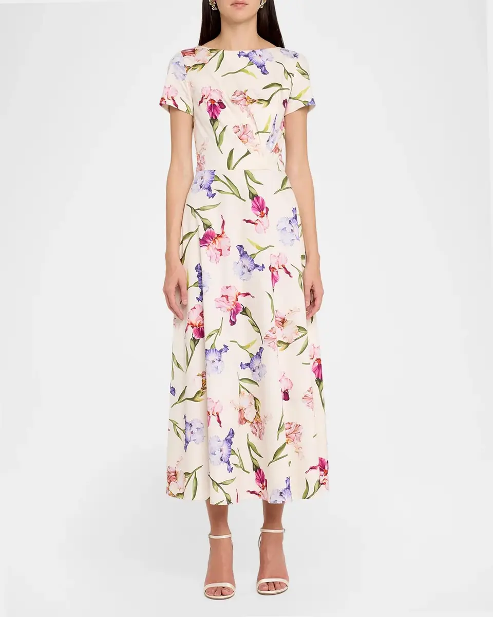 Oscar de la Renta Painted Iris Cotton Poplin Short-Sleeve Midi Day Dress | Thumbnail 2 Oscar de la Renta Painted Iris Cotton Poplin Short-Sleeve Midi Day Dress | Thumbnail 2