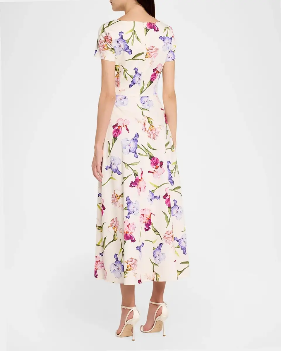Oscar de la Renta Painted Iris Cotton Poplin Short-Sleeve Midi Day Dress | Thumbnail 3 Oscar de la Renta Painted Iris Cotton Poplin Short-Sleeve Midi Day Dress | Thumbnail 3