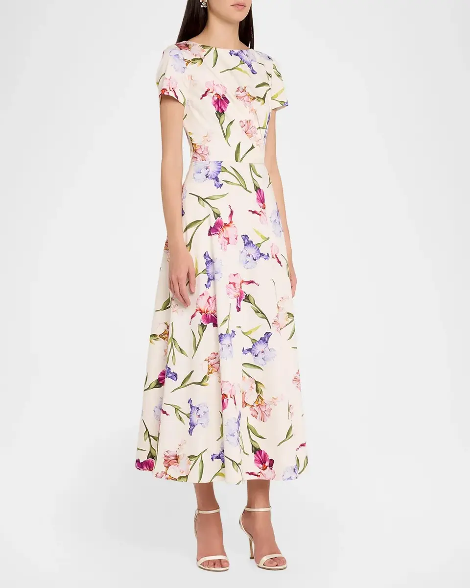 Oscar de la Renta Painted Iris Cotton Poplin Short-Sleeve Midi Day Dress | Thumbnail 4 Oscar de la Renta Painted Iris Cotton Poplin Short-Sleeve Midi Day Dress | Thumbnail 4