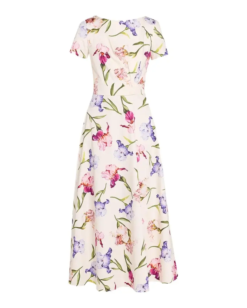 Painted Iris Cotton Poplin Short-Sleeve Midi Day Dress Painted Iris Cotton Poplin Short-Sleeve Midi Day Dress