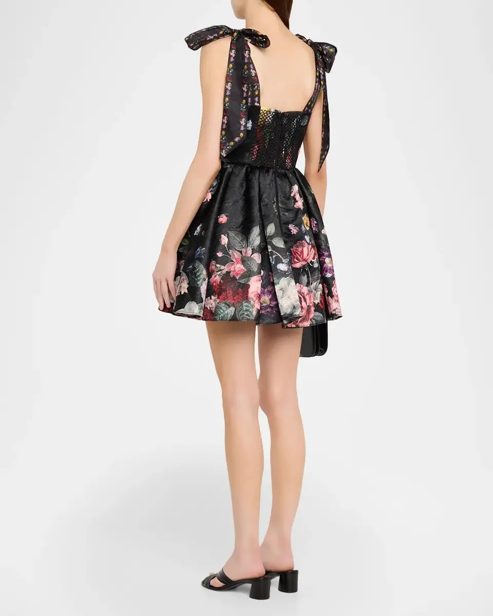 Alice + Olivia Blanca Scoop-Neck Floral Brocade Tie-Shoulder Mini Dress | Thumbnail 3 Alice + Olivia Blanca Scoop-Neck Floral Brocade Tie-Shoulder Mini Dress | Thumbnail 3