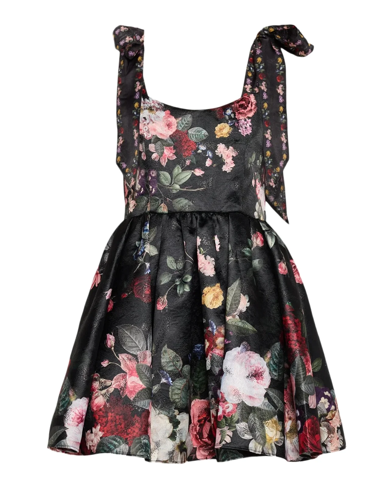 Blanca Scoop-Neck Floral Brocade Tie-Shoulder Mini Dress