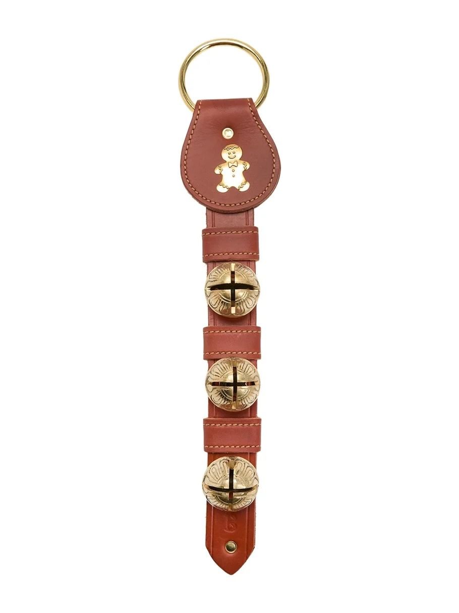 Belsnickel Enterprises 3 Solid Brass Bells Leather Strap with Gingerbread Charm