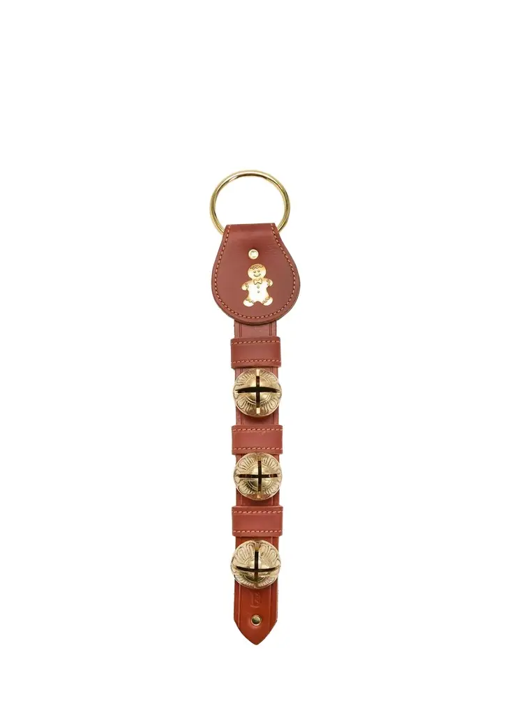 3 Solid Brass Bells Leather Strap with Gingerbread Charm 3 Solid Brass Bells Leather Strap with Gingerbread Charm