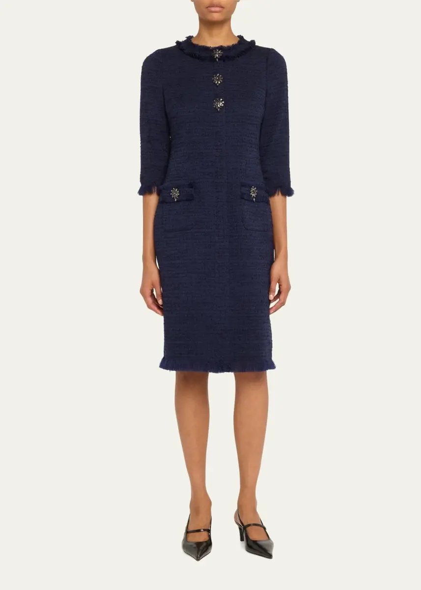 Rickie Freeman for Teri Jon Fringe-Trim Stretch Boucle Dress | Thumbnail 2 Rickie Freeman for Teri Jon Fringe-Trim Stretch Boucle Dress | Thumbnail 2