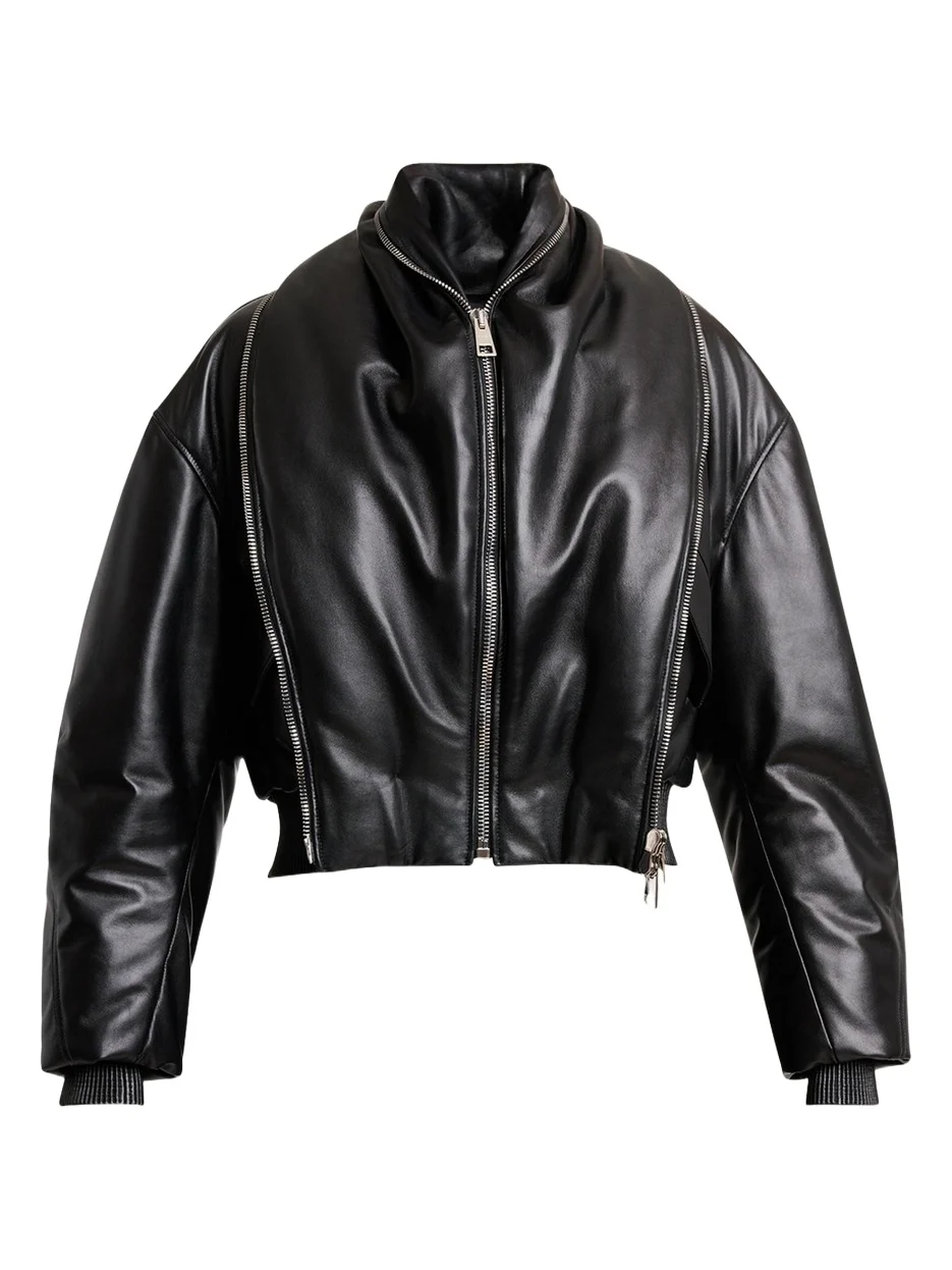 Double Shawl-Collar Leather Crop Bomber Jacket Double Shawl-Collar Leather Crop Bomber Jacket