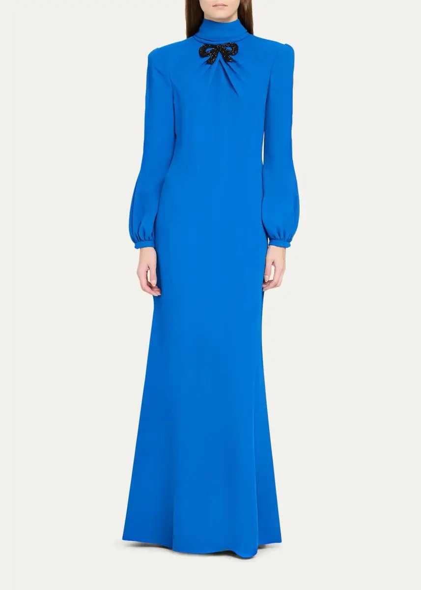 Valentino Garavani Bow Embroidered Turtleneck Long-Sleeve Silk Gown | Thumbnail 2 Valentino Garavani Bow Embroidered Turtleneck Long-Sleeve Silk Gown | Thumbnail 2