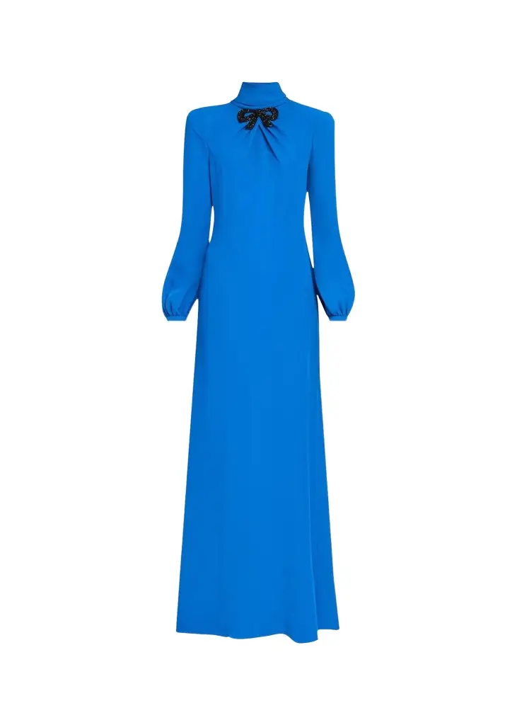 Bow Embroidered Turtleneck Long-Sleeve Silk Gown Bow Embroidered Turtleneck Long-Sleeve Silk Gown