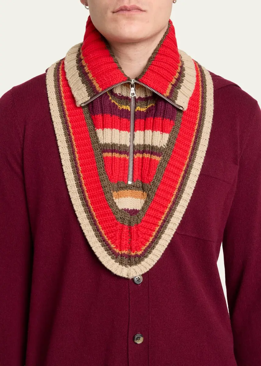 Dries Van Noten Men's Wool Rib-Knit Stripe Half-Zip Bib Collar | Thumbnail 3 Dries Van Noten Men's Wool Rib-Knit Stripe Half-Zip Bib Collar | Thumbnail 3