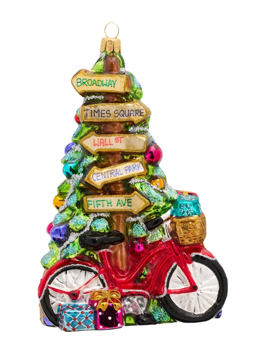 John Huras NYC Signpost with Christmas Tree and Bike Christmas Ornament
