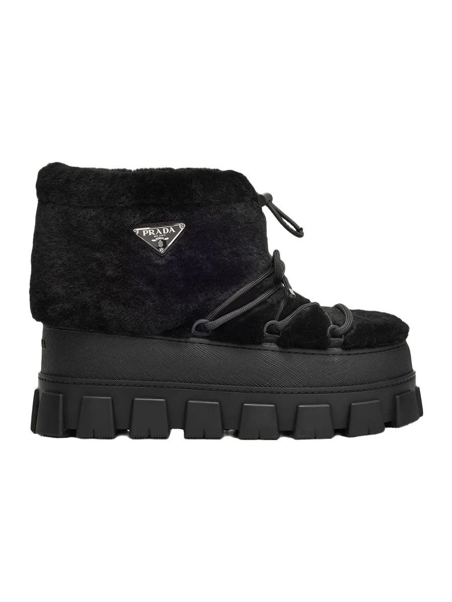 Prada 40mm Triangle Logo Shearling Lace-Up Snow Boots