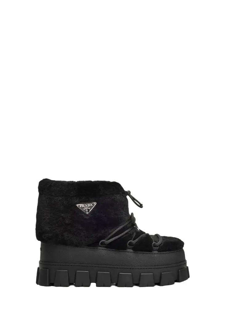 Prada 40mm Triangle Logo Shearling Lace-Up Snow Boots