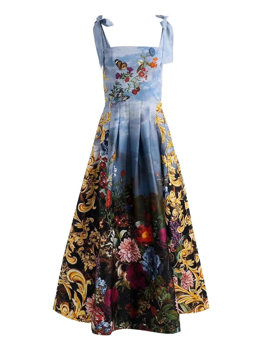 Alice + Olivia Hana Square-Neck Tie-Shoulder Maxi Dress