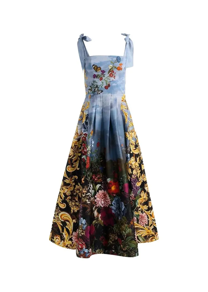 Alice + Olivia Hana Square-Neck Tie-Shoulder Maxi Dress