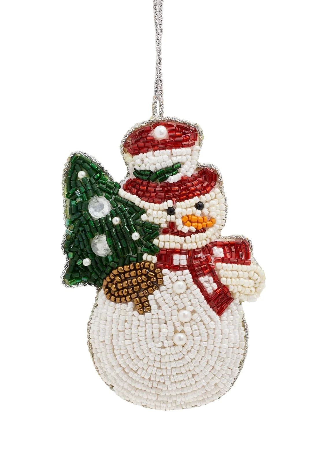 Sudha Pennathur Beaded Snowman with Tree Christmas Ornament