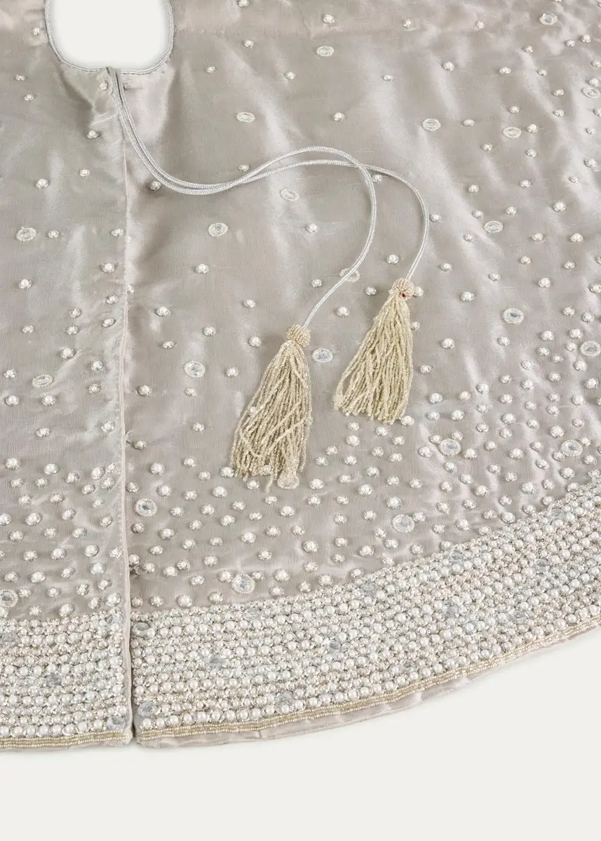 Sudha Pennathur 60" Silver Tissue Tree Skirt with Pearly Beaded Border | Thumbnail 2 Sudha Pennathur 60" Silver Tissue Tree Skirt with Pearly Beaded Border | Thumbnail 2