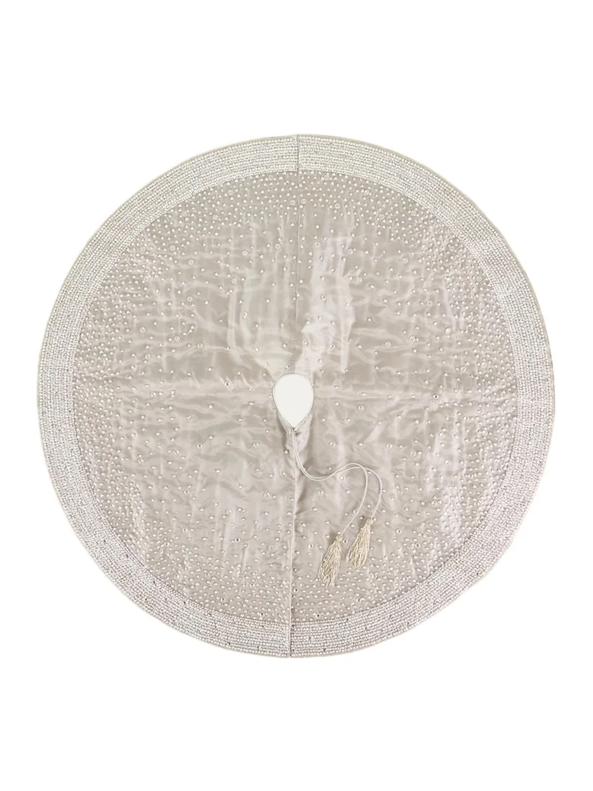 Sudha Pennathur 60" Silver Tissue Tree Skirt with Pearly Beaded Border