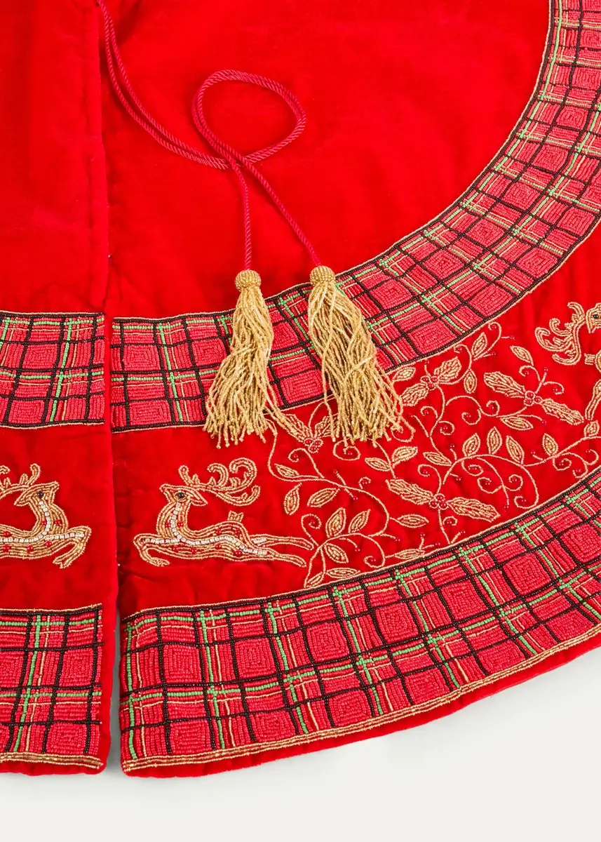 Sudha Pennathur 60" Velvet Tree Skirt with Beaded & Plaid Border | Thumbnail 2 Sudha Pennathur 60" Velvet Tree Skirt with Beaded & Plaid Border | Thumbnail 2