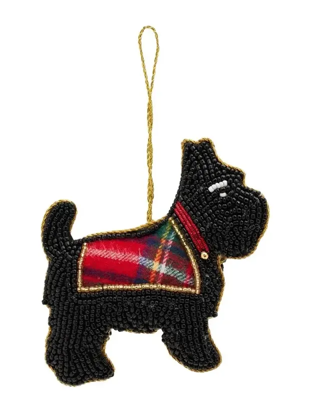 Sudha Pennathur Plaid Scotty Dog Beaded Christmas Ornament