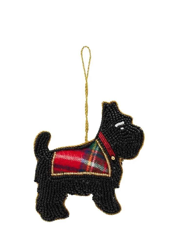 Sudha Pennathur Plaid Scotty Dog Beaded Christmas Ornament