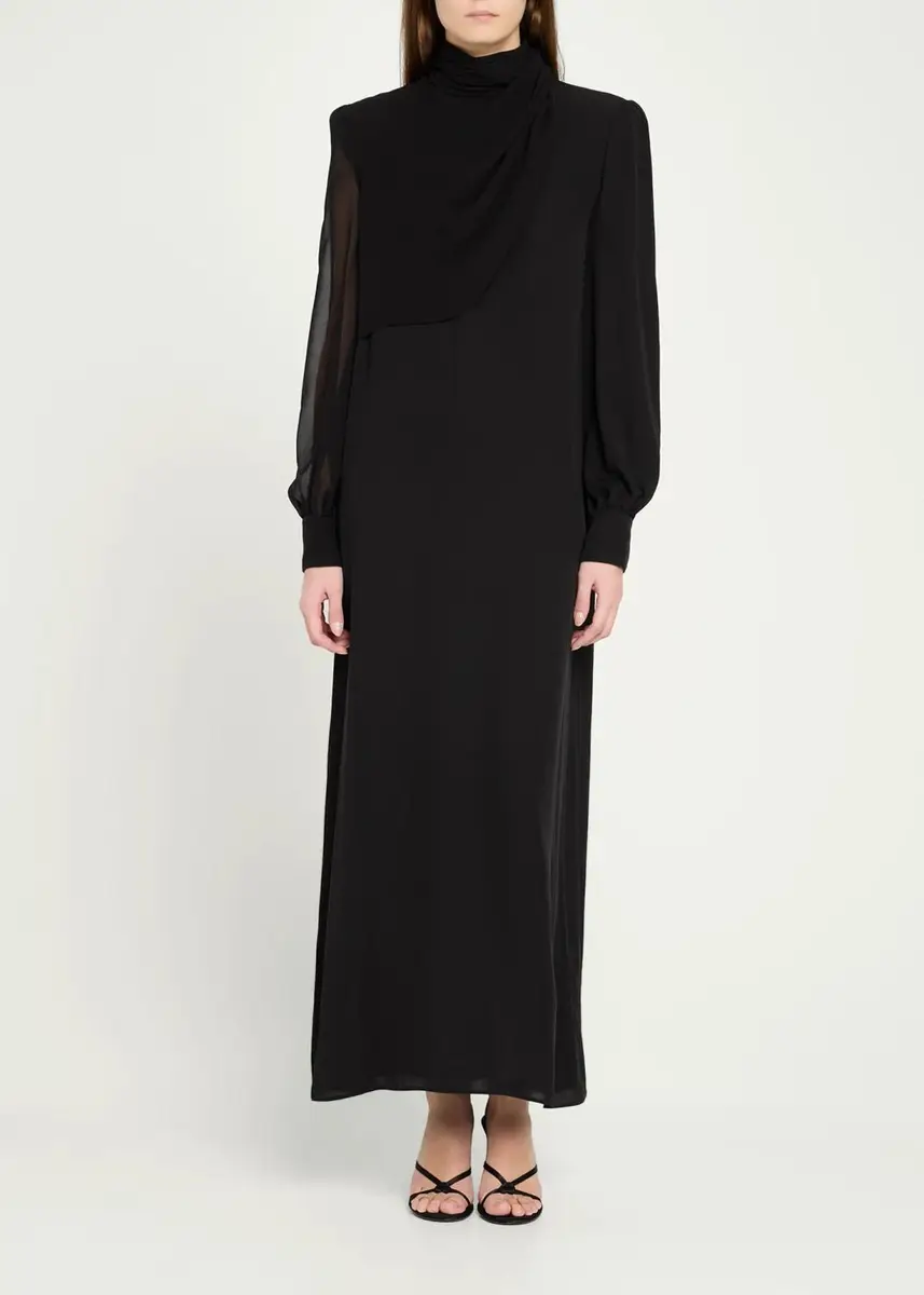 Valentino Garavani Mock-Neck Draped Silk Georgette Long-Sleeve Maxi Dress | Thumbnail 2 Valentino Garavani Mock-Neck Draped Silk Georgette Long-Sleeve Maxi Dress | Thumbnail 2
