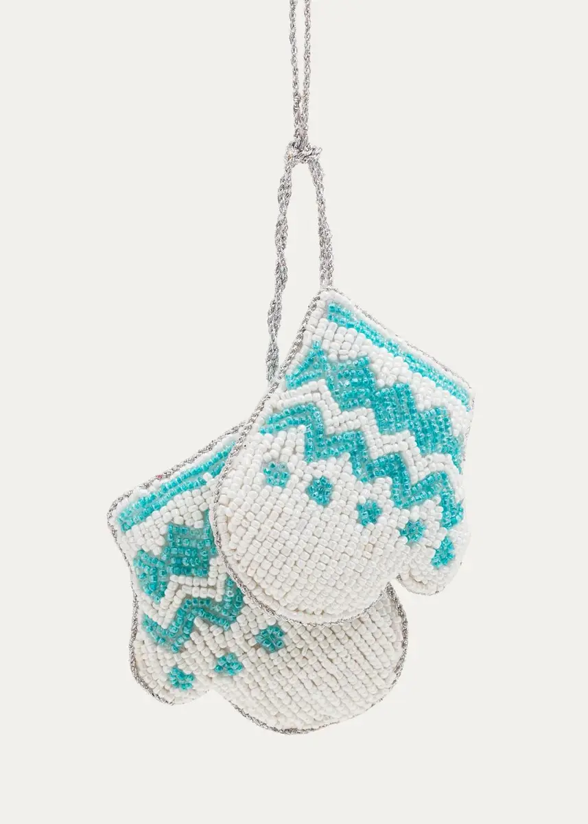 Sudha Pennathur White/Blue Beaded Double Mittens Christmas Ornament | Thumbnail 2