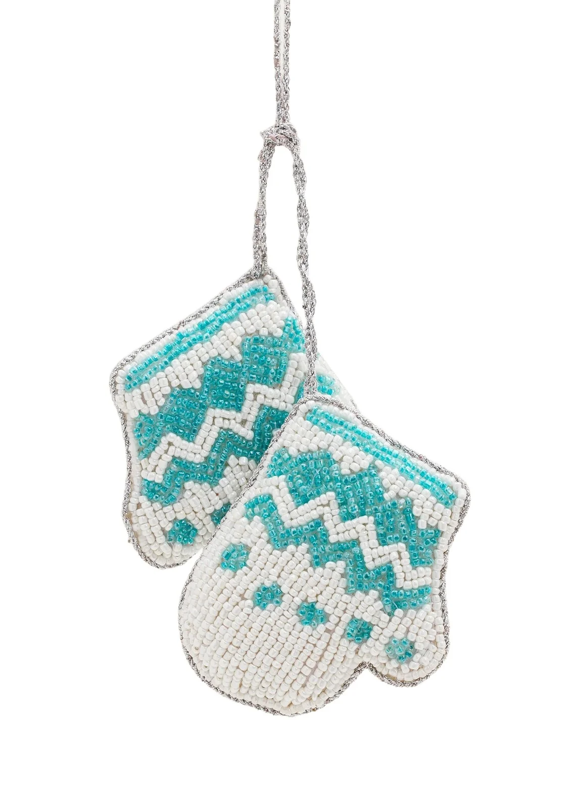 Sudha Pennathur White/Blue Beaded Double Mittens Christmas Ornament