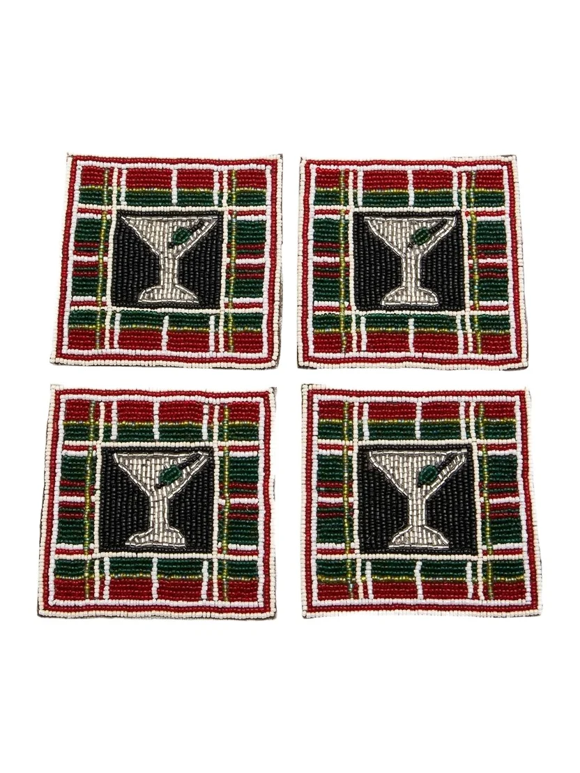 Sudha Pennathur 4-Piece Beaded Tartan Coaster Set