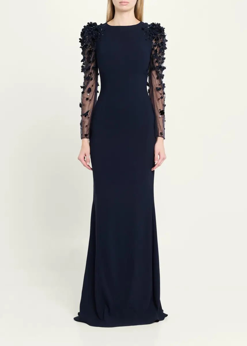 Rickie Freeman for Teri Jon Tulle-Sleeve Floral Applique Crepe Gown | Thumbnail 2 Rickie Freeman for Teri Jon Tulle-Sleeve Floral Applique Crepe Gown | Thumbnail 2