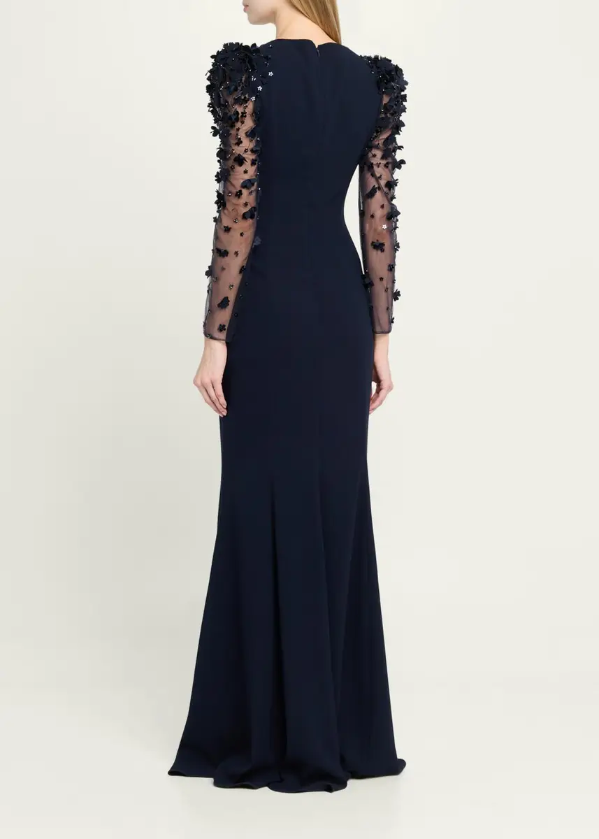 Rickie Freeman for Teri Jon Tulle-Sleeve Floral Applique Crepe Gown | Thumbnail 3 Rickie Freeman for Teri Jon Tulle-Sleeve Floral Applique Crepe Gown | Thumbnail 3